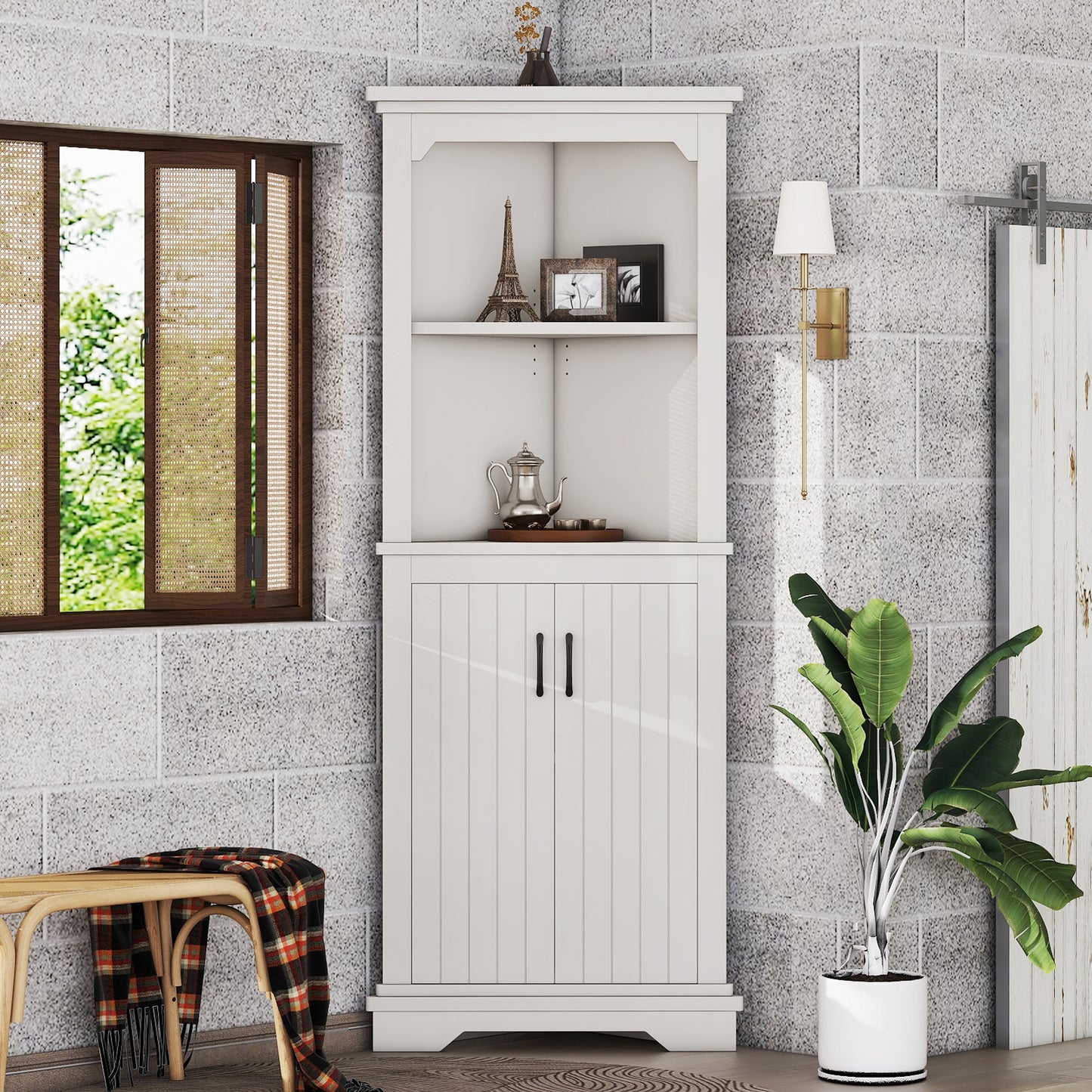 Tall Corner Cabinet With Doors For Living Room, Bathroom,Dining Room Or Kitchen,White