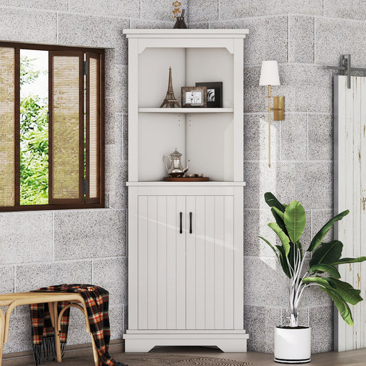 Tall Corner Cabinet With Doors For Living Room, Bathroom,Dining Room Or Kitchen,White