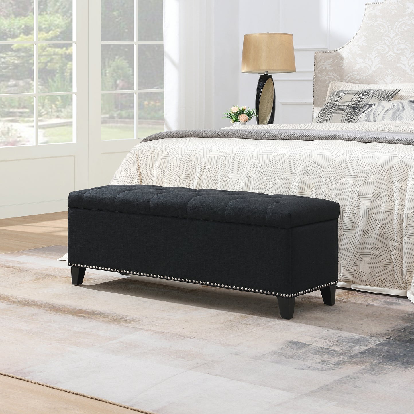 47.5  Storage Ottoman, Storage Bench With Safety Close Hinge, Linen Button-Tufted Ottoman For Living Room, Entryway, Hallway, Foot Rest, Support 500lbs - Black