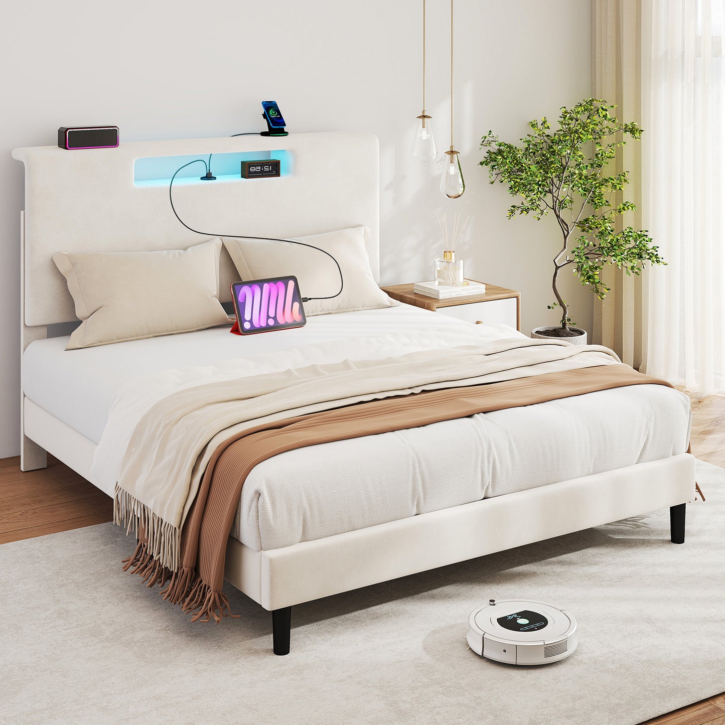 Queen Size Bed Frame With Storage Function Charging Station And Adjustable LED Light Wood Slat Support Bed Frame With Headboard Remote Control Easy Assembly