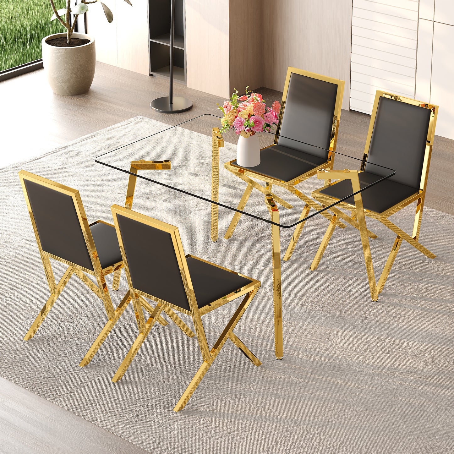 Table And Chair Set.51 X 31.5-inch Tempered Glass Dining Table, Paired With A Set Of 4 Black PU Dining Chairs. Modern Light Luxury Home Restaurant Table And Chair Combination.