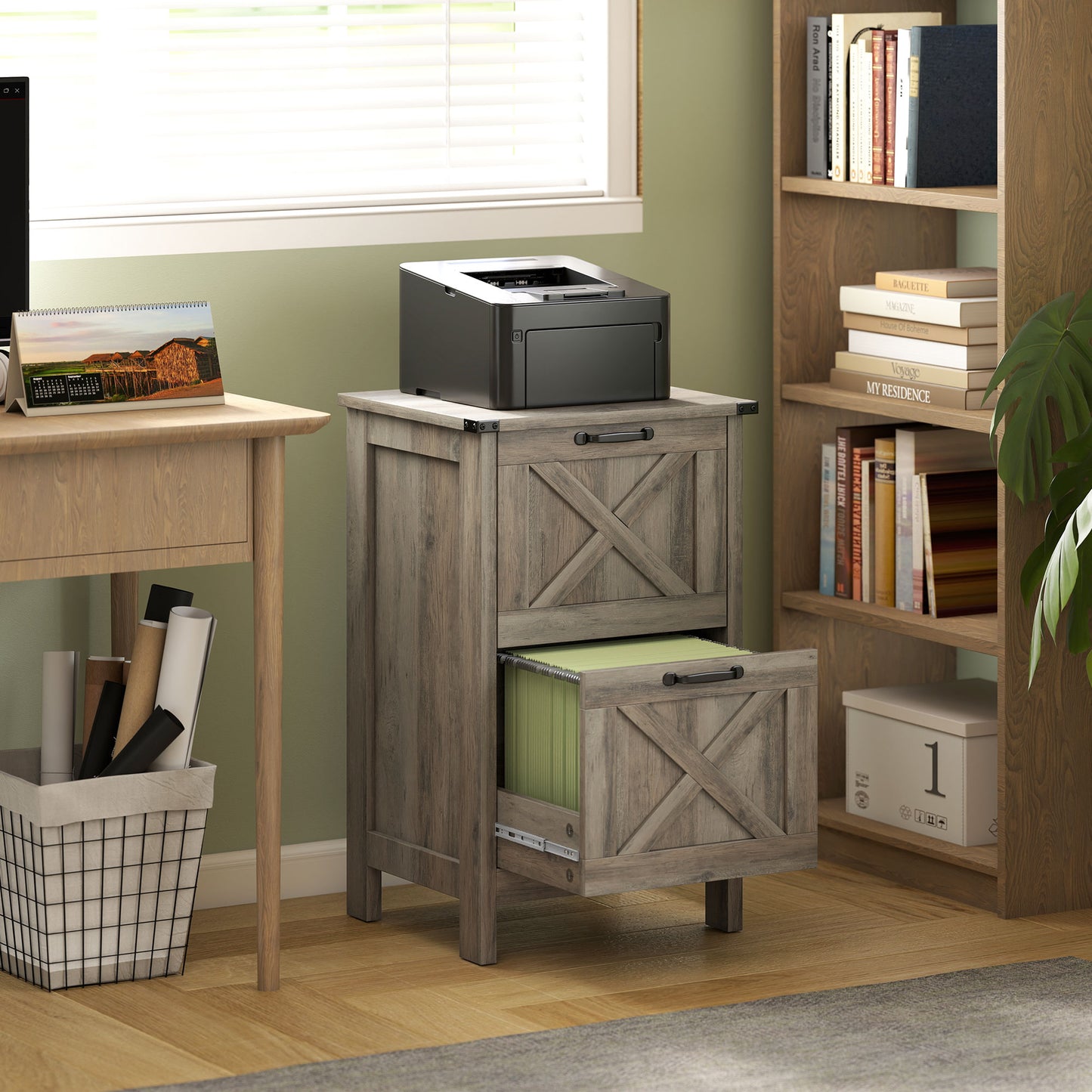 Vertical File Cabinet With 2 Drawers, Rustic Farmhouse Office Storage Cabinet For A4, Letter Size, Distressed Gray