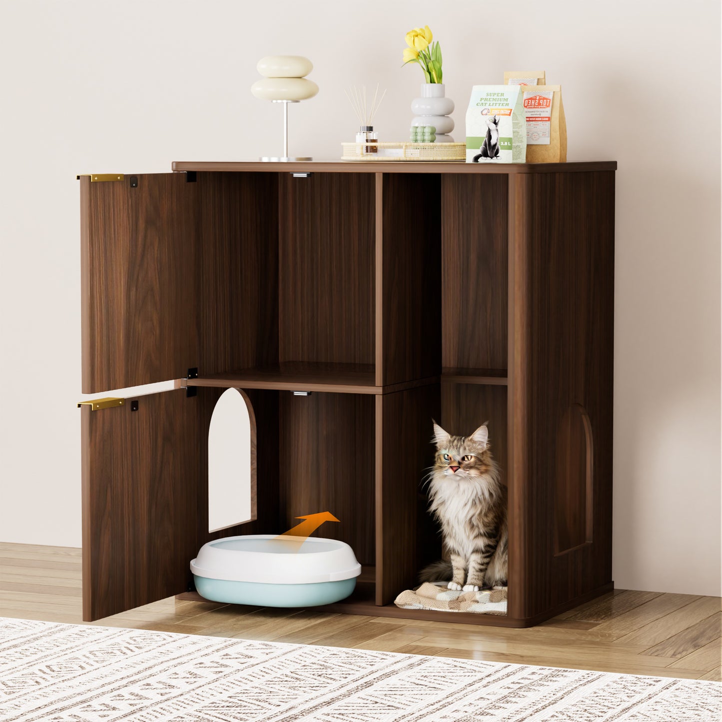 31.5-inch Walnut Cat Litter Cabinet With Cat Tree - Grooved Concealed Litter Furniture Featuring Dual Cat Doors And Storage Shelves, Versatile Pet Cabinet For Living Rooms Or Bedrooms
