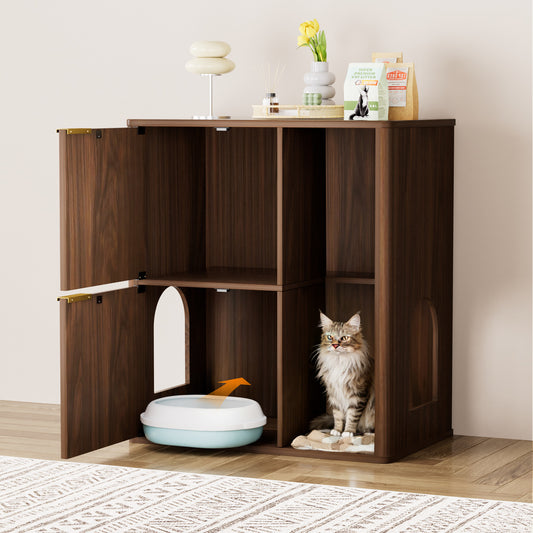 31.5-inch Walnut Cat Litter Cabinet With Cat Tree - Grooved Concealed Litter Furniture Featuring Dual Cat Doors And Storage Shelves, Versatile Pet Cabinet For Living Rooms Or Bedrooms