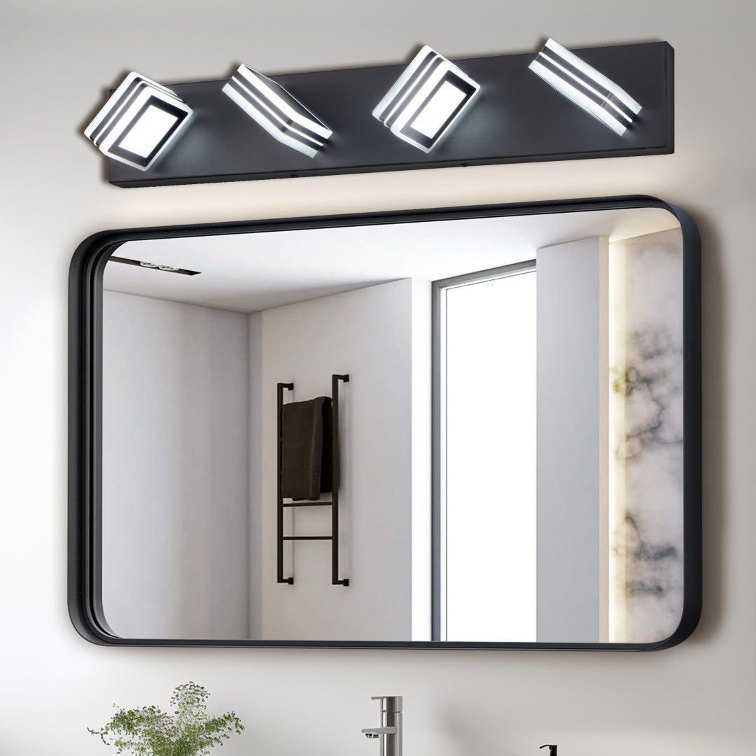 26  Modern Black 4-Light LED Vanity Light, Square Acrylic Lampshades Wall Mount Fixture For Bathroom, Mirror Lighting