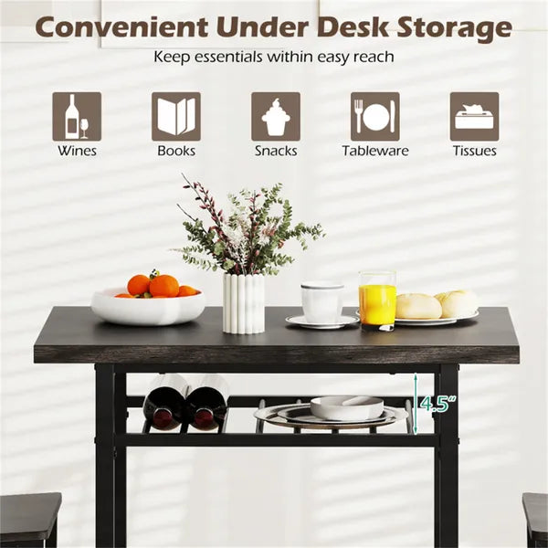 3-Piece Dining Table Set (Gray + Black), Space-Saving Tuck-under Chair Design