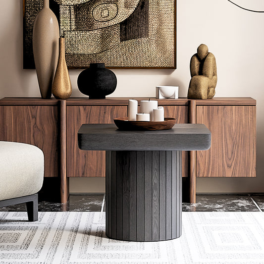 23.6'' Modern Solid Wood Veneer End Table, Minimalist Square Side Table With Parquet Pattern, Grooved Cylindrical Base & Thickened Tabletop, Compact Accent Table For Living Room, Matte Black