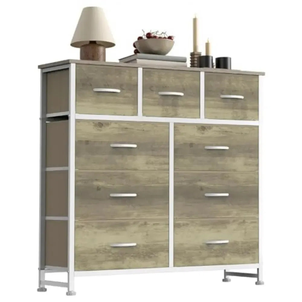 Dresser For Bedroom With 9 Fabric Storage Drawer Wardrobe Tall Chest Organizer Closet Adult&Kids Clothes Cabinet Furniture