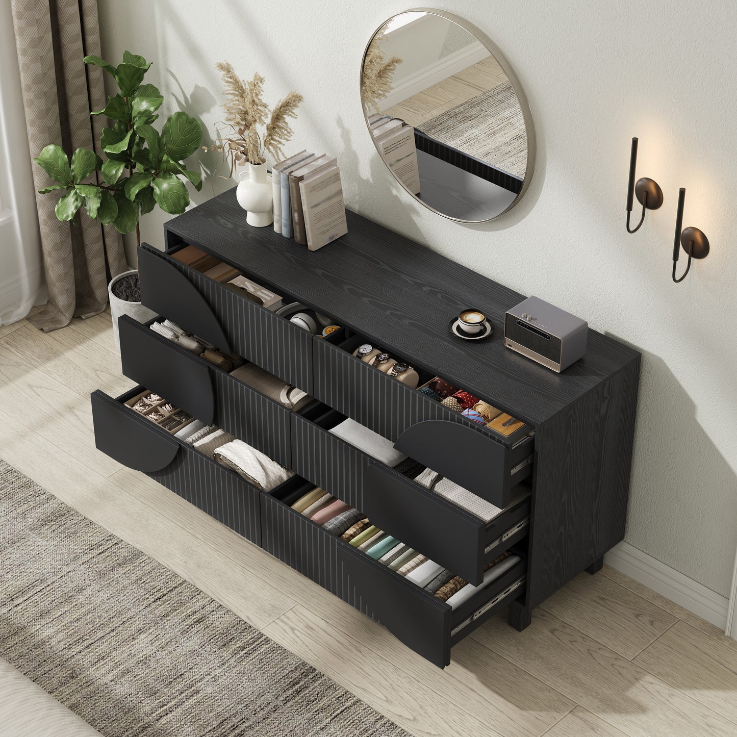 Modern 6 Drawer Fluted Dresser, 60   Wide Modern Chest Of Drawers, TV Stand With Solid Wood Legs, Clothes Organizer With 6 Deep Drawers, Storage Cabinet For Bedroom, Living Room, Entryway,Carbon Black
