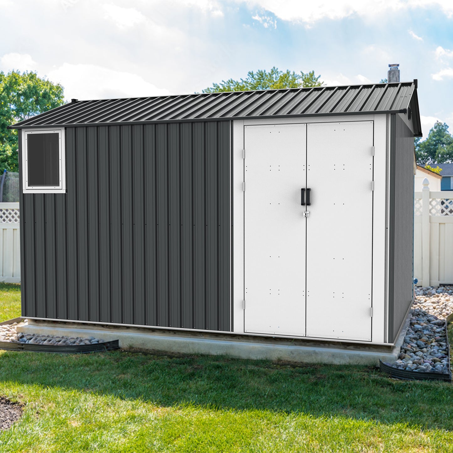 8x12 Ft Metal Outdoor Storage Shed With Window, Floor Base, Air Vents And Double Hinged Door