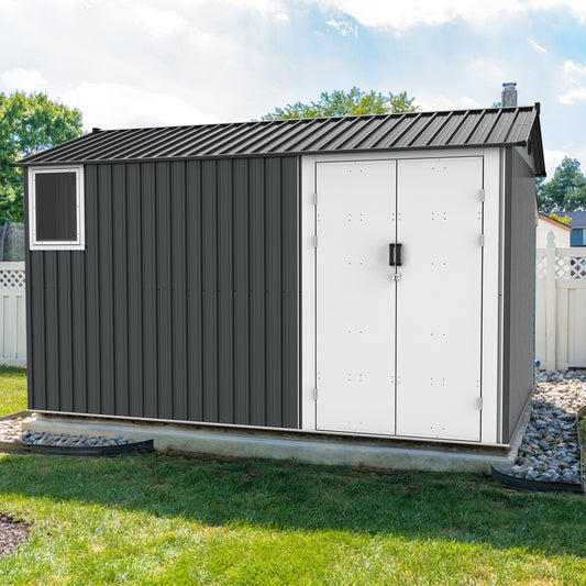8x12 Ft Metal Outdoor Storage Shed With Window, Floor Base, Air Vents And Double Hinged Door
