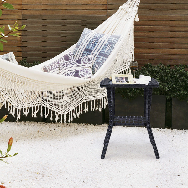 Patterned Glass Surface, Black Rattan, Woven Rattan Edge Side Table, N001
