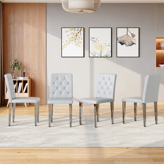 4-piece Set Of Light Grey PU Dining Chairs Ergonomically Designed Buckle Backrest, 35 Inches High, Silver Metal Legs, Combining Comfort And Texture.Suitable For Family Restaurants, Banquet Hall, Etc.