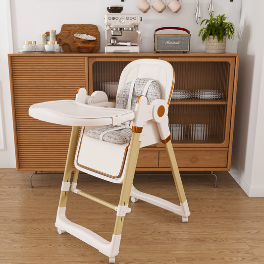 Convertible Baby High Chair To Rocker With 5-Point Harness, Foldable Infant Feeding Chair With Silent Locking Wheels & Removable 2-Tier Easy-Clean Tray For 6M-3Yrs  White