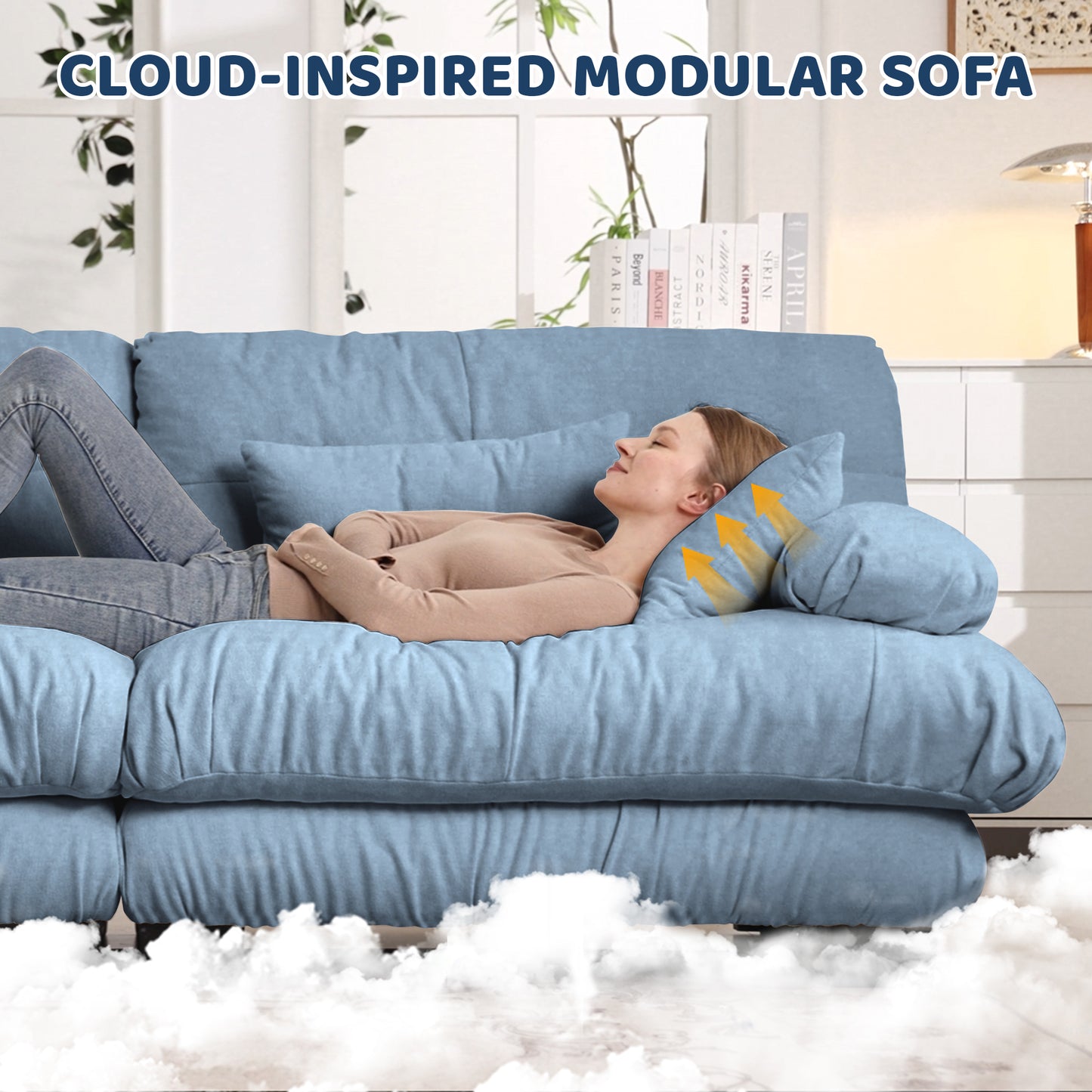 Cloud Couch Sleeper Sofa For Living Room, Chenille 2 Seater Sofa With 2 Lumbar Pillows And 2 Throw Pillows , Upholstered Wide Arm Sofa With 2 Ottomans,Chenille Blue