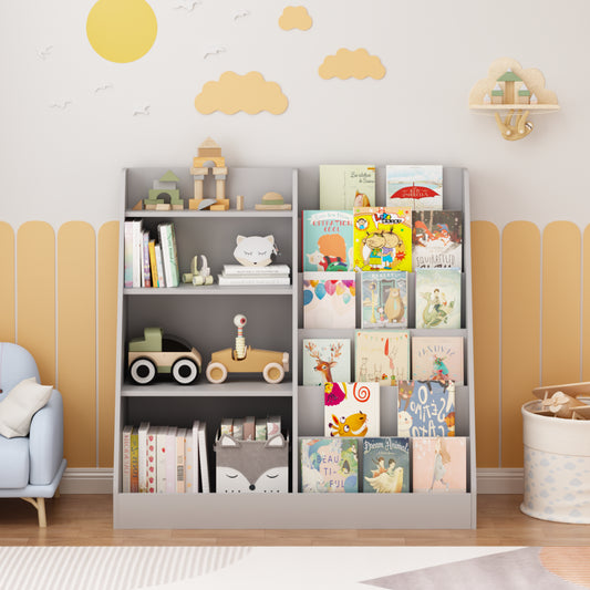 Kids Bookshelf And Toy Storage Organizer, Multifunctional 4 Tier Wooden Kids Book Shelf With  Bookcase Display Stand In Kids Room Playroom Nursery For Kids, Children, Toddlers  Gray