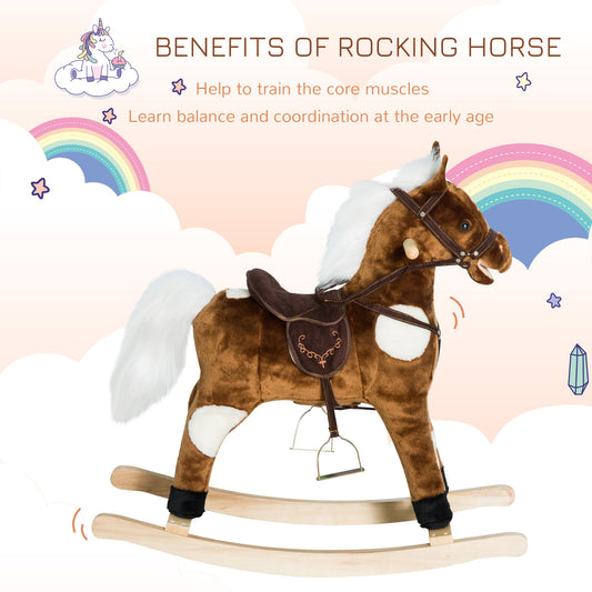 Kids Metal Plush Ride-On Rocking Horse Chair Toy With Nursery Rhyme Music - Dark Brown