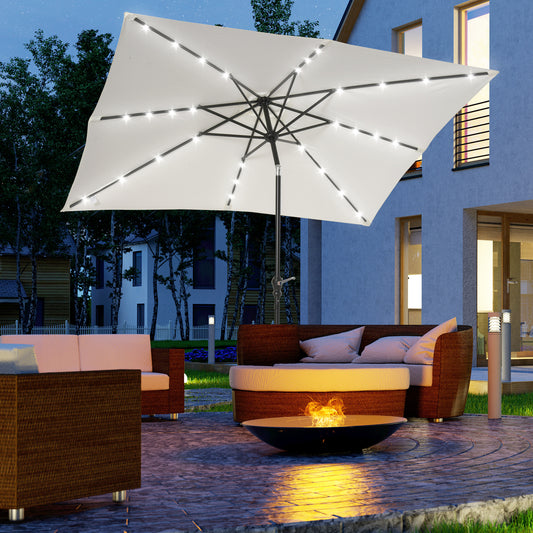 9' X 7' Patio Umbrella Outdoor Table Market Umbrella With Crank, Solar LED Lights, 45° Tilt, Push-Button Operation, For Deck, Backyard, Pool And Lawn, White