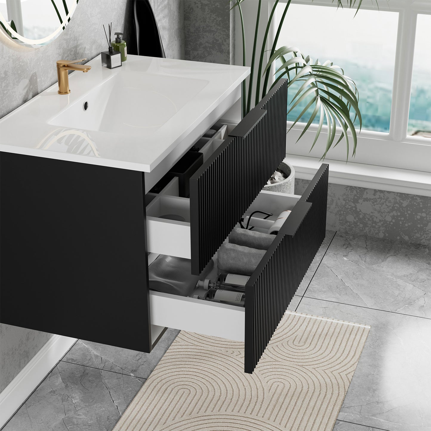 30 Inch Bathroom Vanity Cabinet With Ceramic Sink - Black Wall Mounted Floating Fluted Vanity With Drawers  Modern