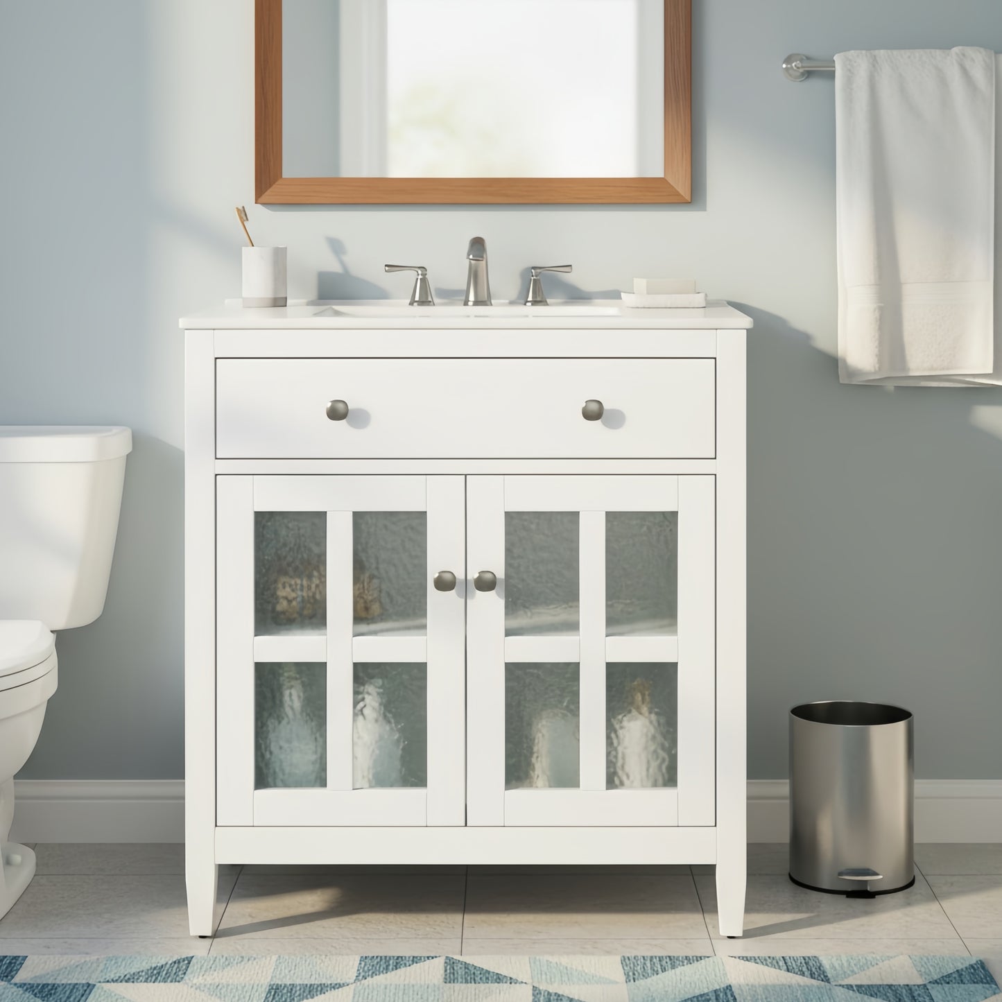 30  Bathroom Vanity With Ceramic Sink, Equipped With Adjustable Shelf And Tip-Out Tray, Bathroom Vanity With Solid Wood Legs, Silver Metal Knobs And Soft Close Hinges, White