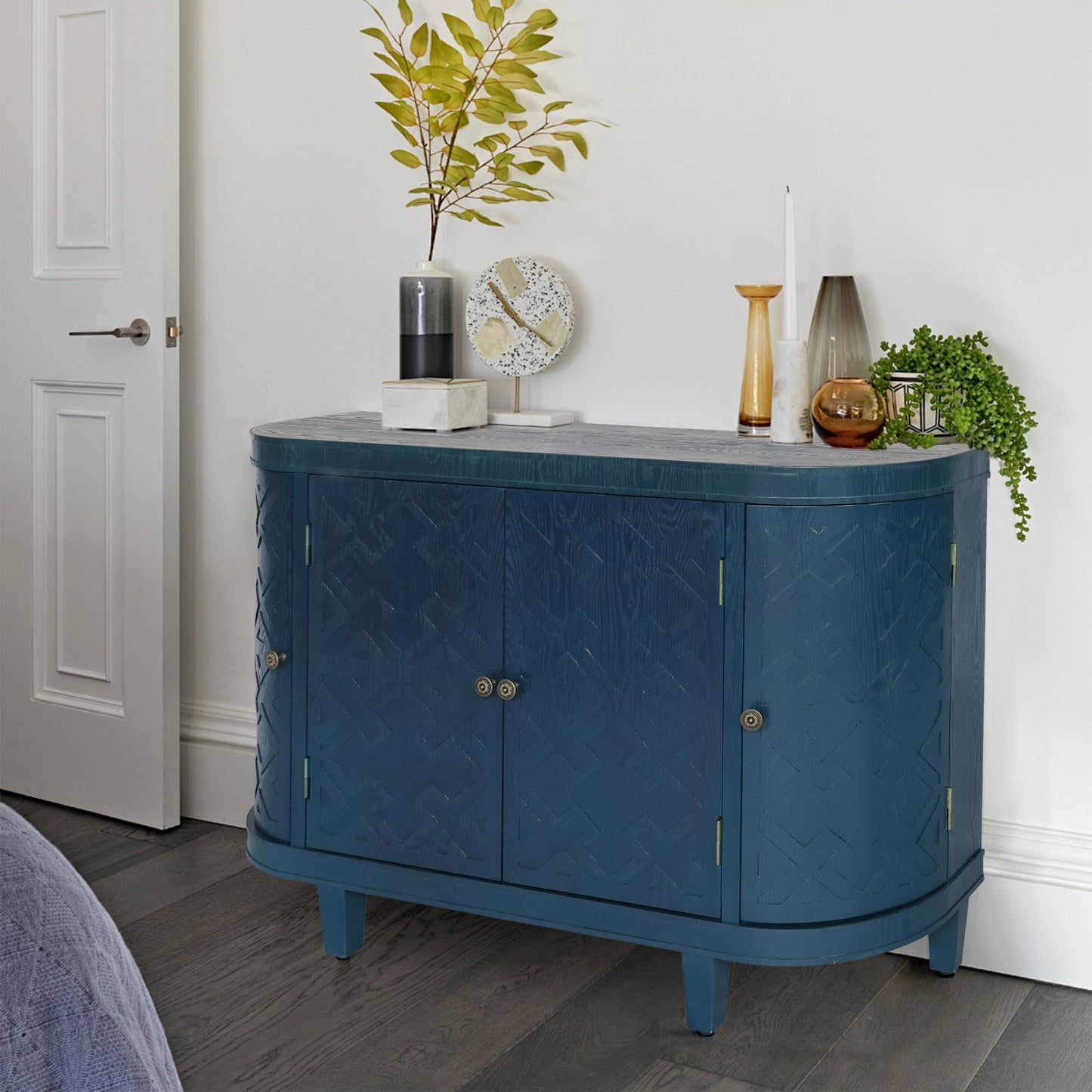 47 Oval Storage Cabinet With 4 Doors,Buffet Sideboard Cabinet With Storage, Fluted Accent Storage Cabinet With Curvy Edge, Sliding Door, Freestanding Credenza, Console Table For Living Room, Kitchen