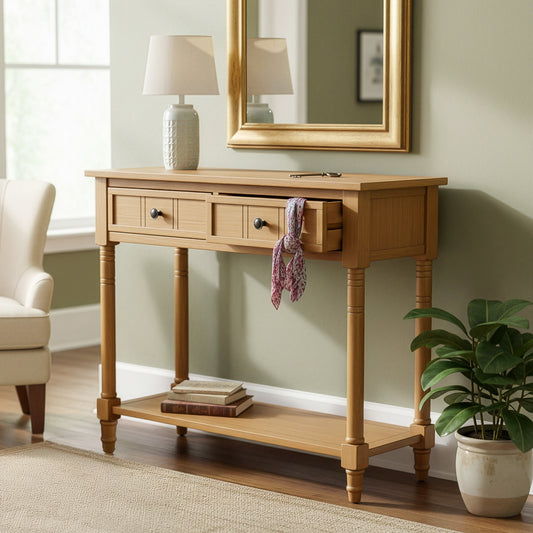 TREXM Daisy Series Console Table Traditional Design With Two Drawers And Bottom Shelf  Natural