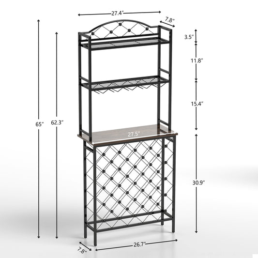 Industrial Wine Rack Bar Table, 3-Tier Liquor Bottle And Glass Holder With Storage Shelves, Metal And Wood Wine Organizer For Home Kitchen, Dining Room, And Living Room