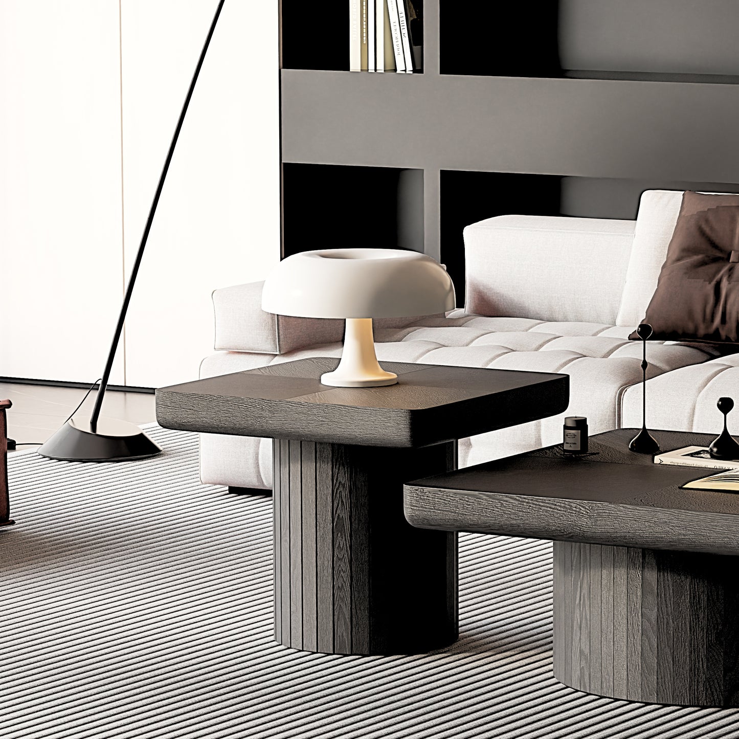 23.6'' Modern Solid Wood Veneer End Table, Minimalist Square Side Table With Parquet Pattern, Grooved Cylindrical Base & Thickened Tabletop, Compact Accent Table For Living Room, Matte Black