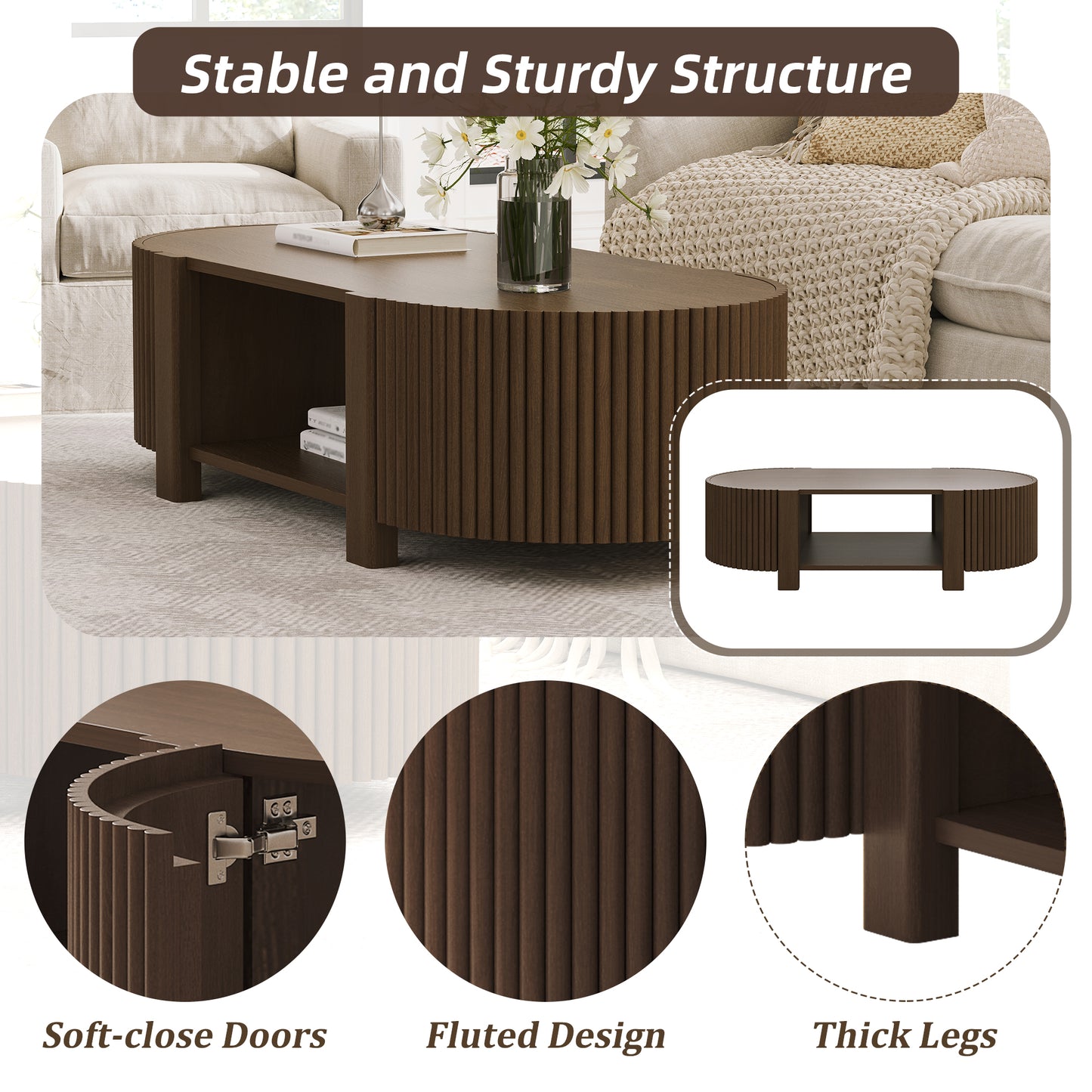 Oval Fluted Coffee Table With Storage For Living Room, Rubber Solid Wood, 1 Shelf & 2 Open Storage Doors, Walnut, 47