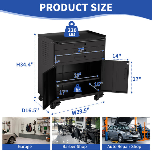 34.3  Rolling Metal Tool Cabinet - Heavy Duty Garage Storage With Lockable Doors & 3 Drawers, Mobile Workbench Organizer For Garage, Workshop, Home