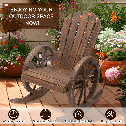 Wooden Rocking Chair, Adirondack Rocker Chair W/Slatted Design And Oversized Back, Outdoor Rocking Chair With Wagon Wheel Armrest For Porch, Poolside, And Garden, Carbonized