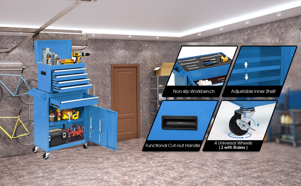 5-Drawer Rolling Tool Chest - 2-in-1 Lockable Tool Box With Wheels, Sliding Drawers & Detachable Top - Garage & Workshop Storage Cabinet, Blue