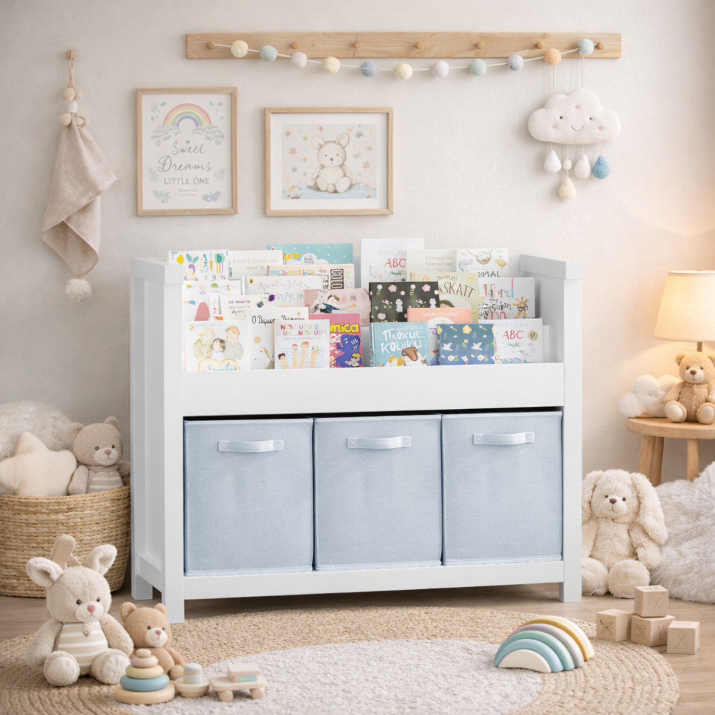 Kids Bookshelf With 3 Tier Front-Facing Storage And 3 Fabric Bins, Wooden Toddler Bookcase For Playroom, Nursery, Bedroom  Kids Book Organizer Shelf For Toys And Books