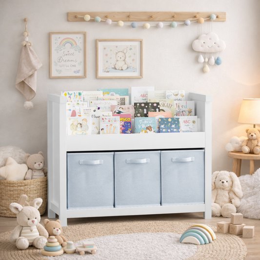Kids Bookshelf With 3 Tier Front-Facing Storage And 3 Fabric Bins, Wooden Toddler Bookcase For Playroom, Nursery, Bedroom  Kids Book Organizer Shelf For Toys And Books