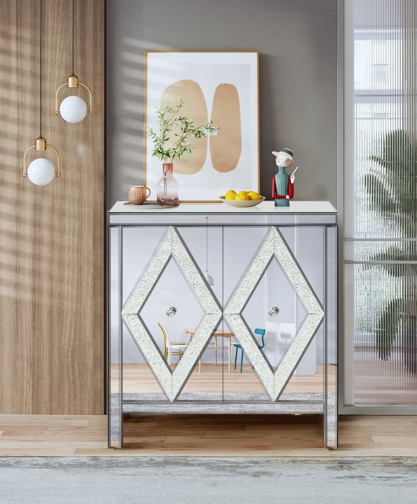 Storage Cabinet With Mirror Trim And Diamond Shape Design  Spliced Combination For Living Room, Dining Room, Entryway, Kitchen