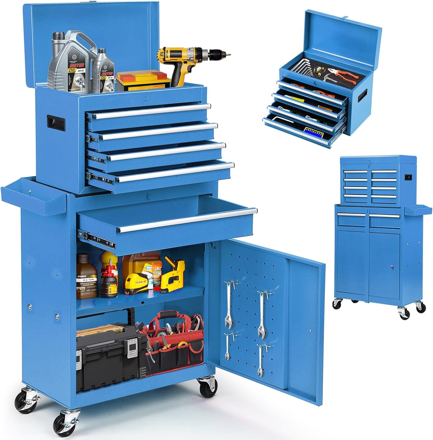 5-Drawer Rolling Tool Chest - 2-in-1 Lockable Tool Box With Wheels, Sliding Drawers & Detachable Top - Garage & Workshop Storage Cabinet, Blue