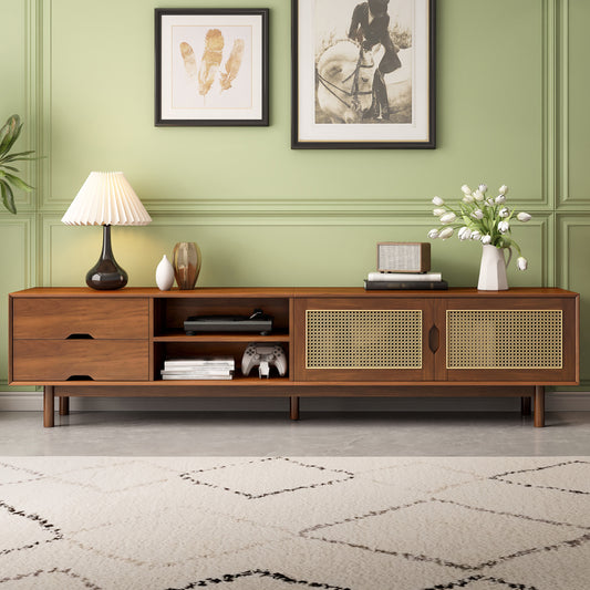 78 Inch TV Stand For TVs Up To 85 Inch, Media Console With 2 Drawers, Solid Wood Legs, Rattan Front Panels, For Living Room, Modern Entertainment Center