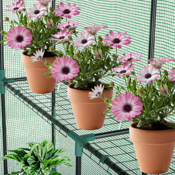 143x143x195cm Black Iron Pipe Steeple With 8 Pieces Grid Flower Stand With Zipper Rolling Door PE Cloth Greenhouse    SAME AS 54690859