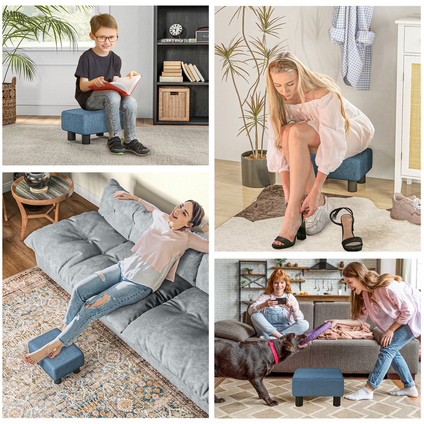 Ottoman Foot Rest, Small Foot Stool With Linen Fabric Upholstery And Plastic Legs, Cube Ottoman For Living Room, Blue