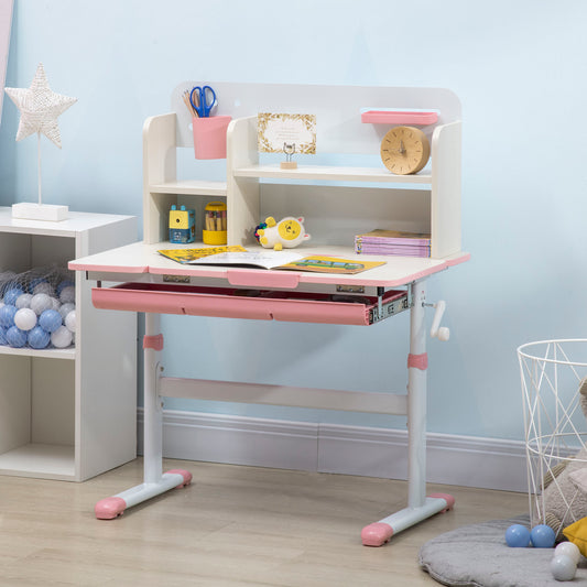 Wooden Kids Study Desk, Height Adjustable Children School Study Table, Student Writing Desk With Tilt Desktop, Drawer, Storage Shelf, Pen Holder, Pink