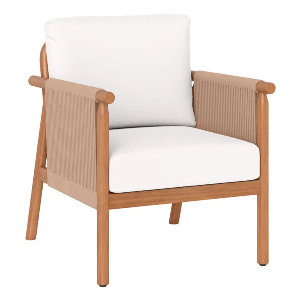 White Boho Patio Acacia Wood Chair With Woven Rope Armrests, Cushioned Outdoor Accent Chair For Porch Balcony