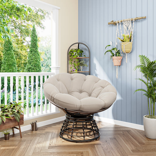 Comfortable Ergonomic Wicker Papasan Chair, 360 Swivel Indoor Outdoor Rattan Chair With Soft Thick Cushion, Ideal For Living Room, Bedroom, Reading Room, Brown Frame With Beige Cushion