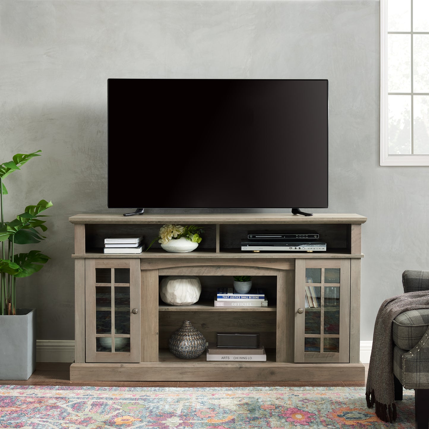 Classic TV Media Stand Modern Entertainment Console For TV Up To 65  With Open And Closed Storage Space, Gray Wash, 58.25 Wx15.75 Dx32 H