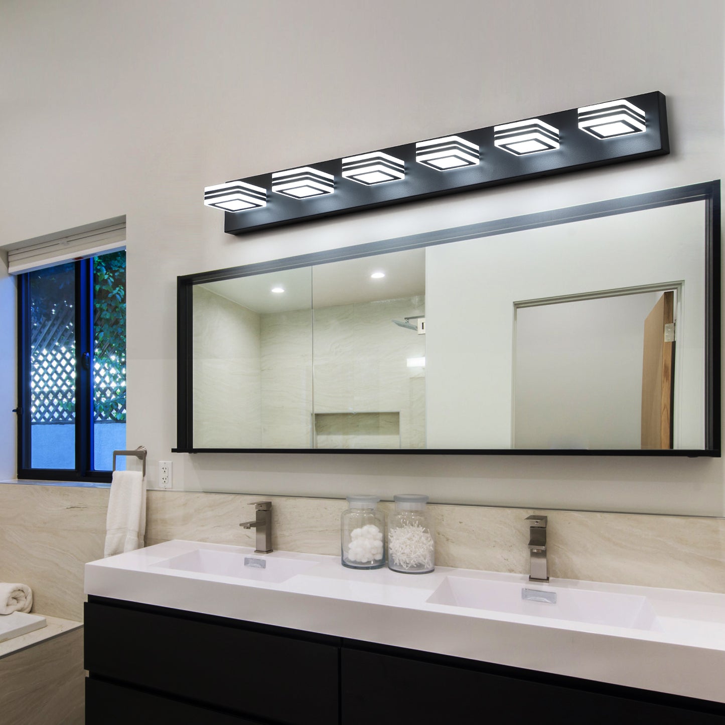 39in  Modern Black 6-Light LED Vanity Light, Square Acrylic Lampshades Wall Mount Fixture For Bathroom, Mirror Lighting