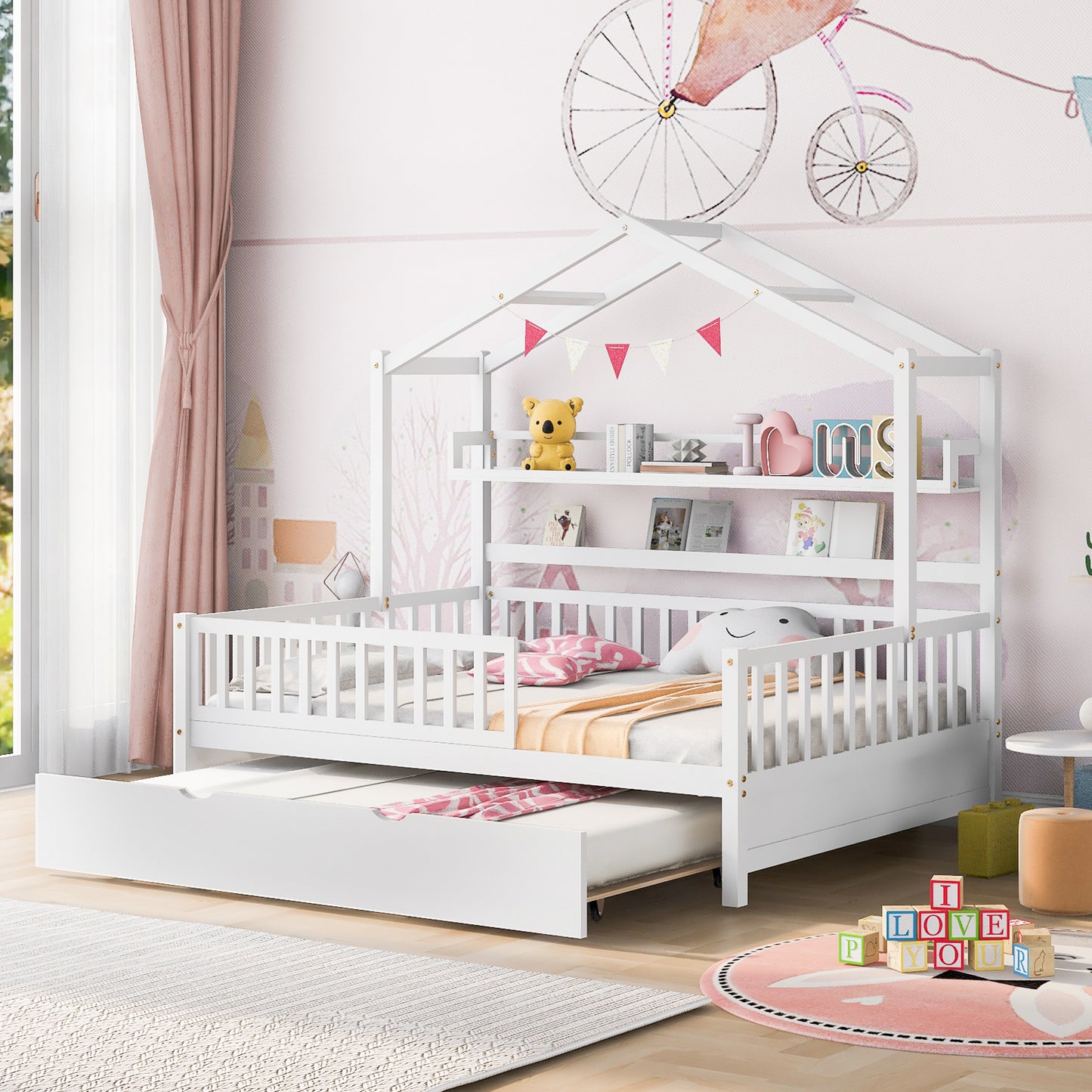 Wooden Full Size House Bed With Twin Size Trundle,Kids Bed With Shelf, White Old