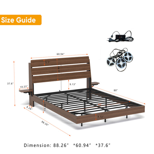 Floating Bed Frame Queen With Led Lights And Charging Station, Wood Queen Size Bed Frame With Storage Headboard, No Box Spring Needed, Easy Assembly,Walnut