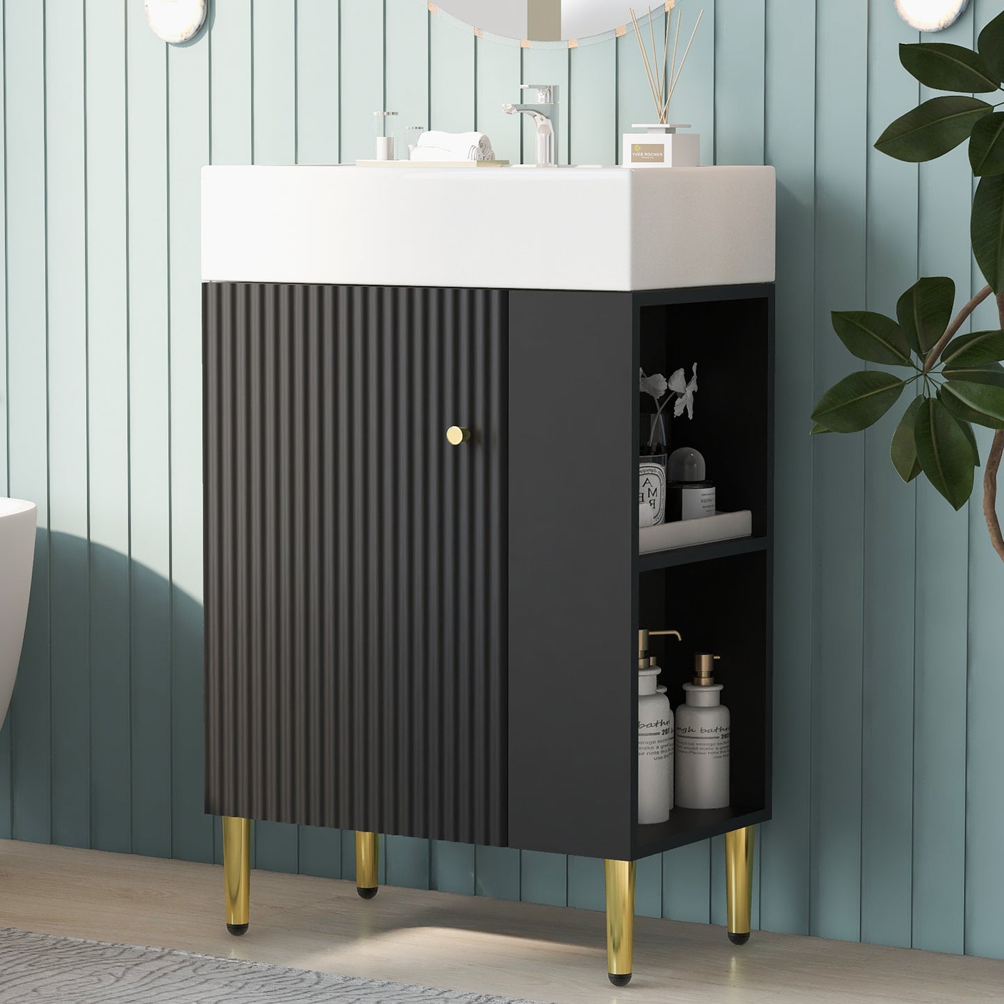 21.6  Black Bathroom Vanity, Combo Cabinet, Bathroom Storage Cabinet, Single Ceramic Sink, Right Side Storage
