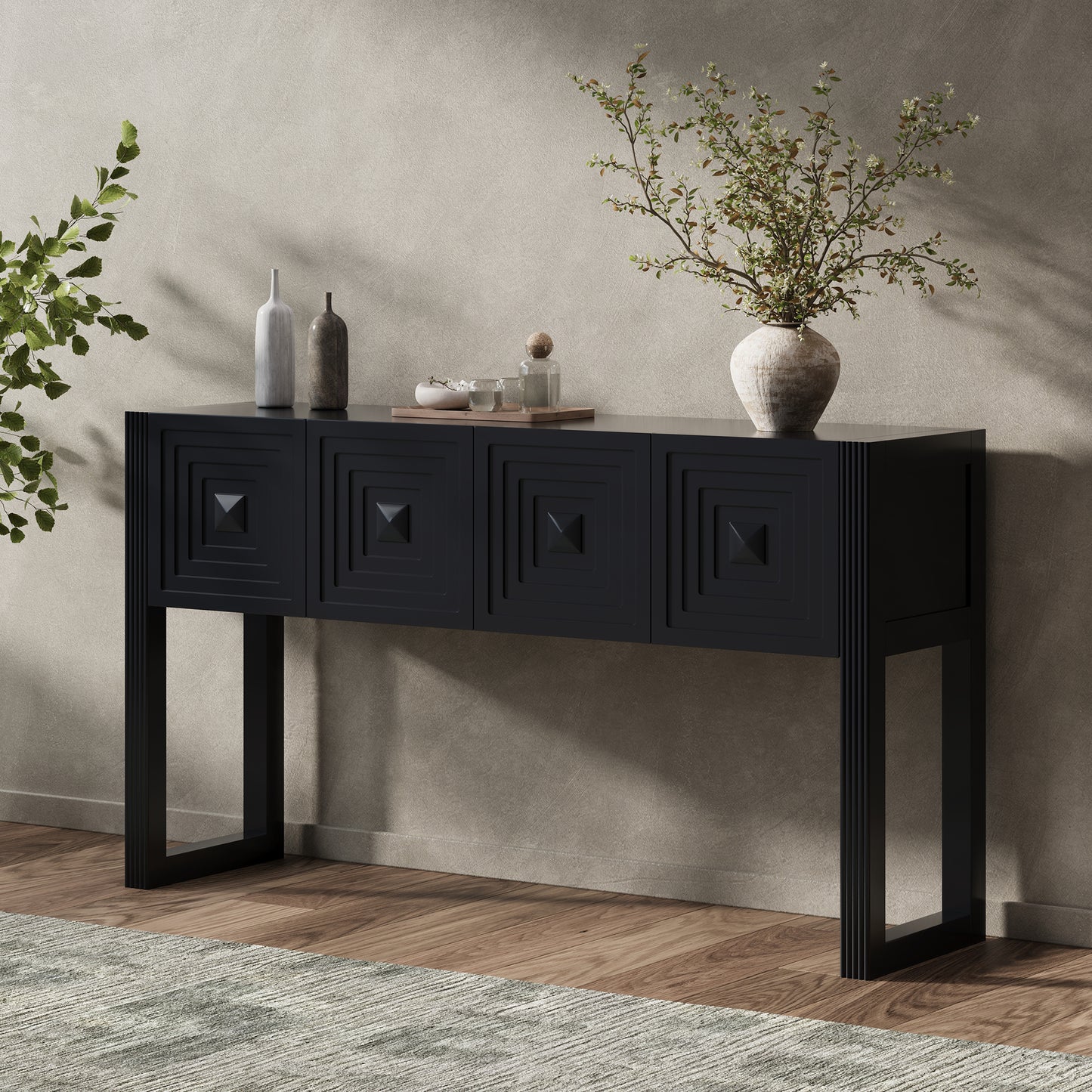 Video  Geometric Carved Console Table With 3 Soft-Close Drawers, Fluted Leg Details, Entryway Sofa Table For Living Room Hallway, Black