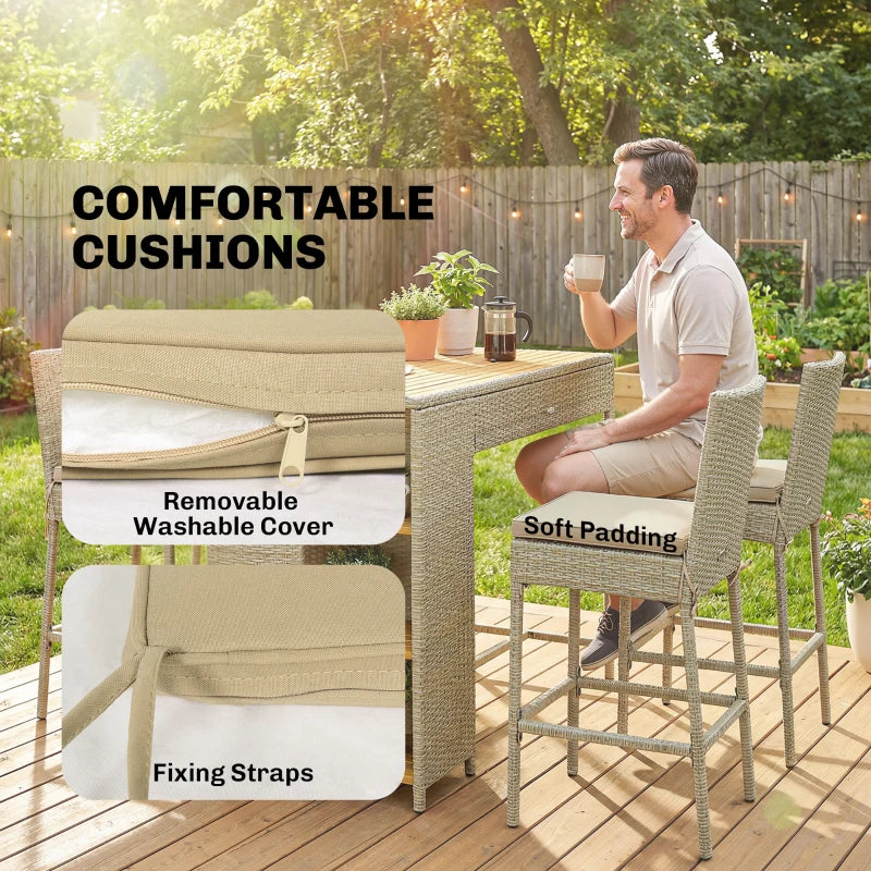 5 Piece Wicker Outdoor Bar Set, Acacia Wood Outdoor High Top Table And Chairs With 3 Tier Shelves, Cushions, Brown
