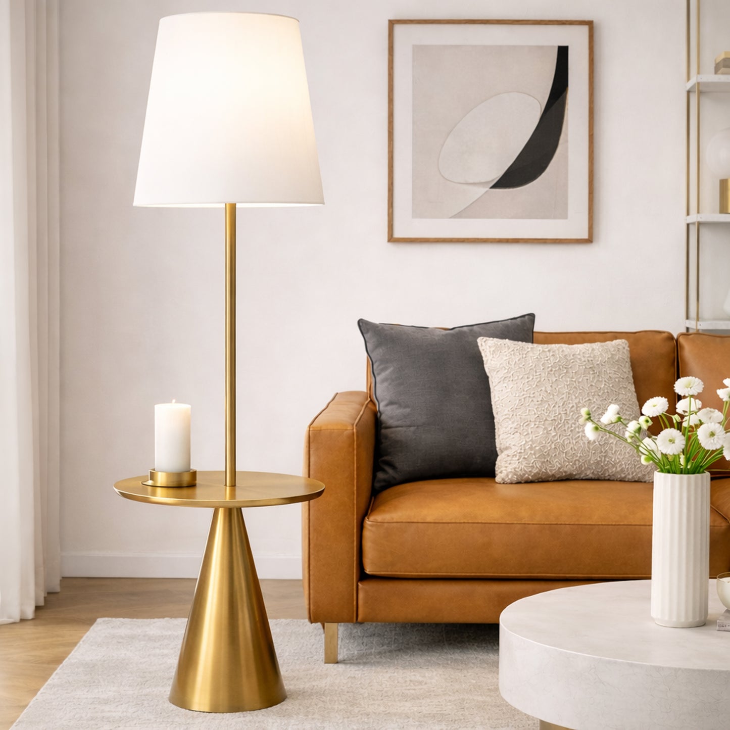 Celestial Modern Floor Lamp With Brass Accent Table With Large White Shade